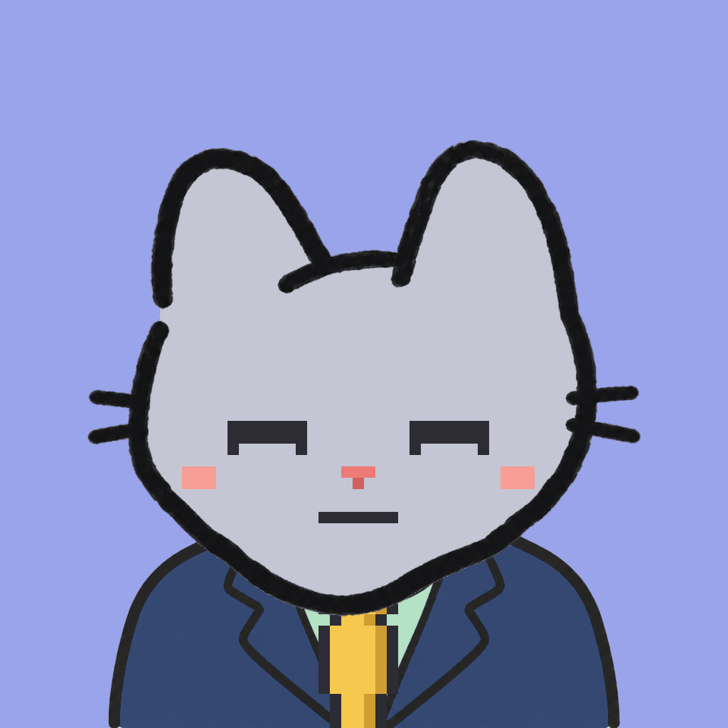 Employee #0632 — a gray cat, in a navy suit, with a gold tie, on periwinkle