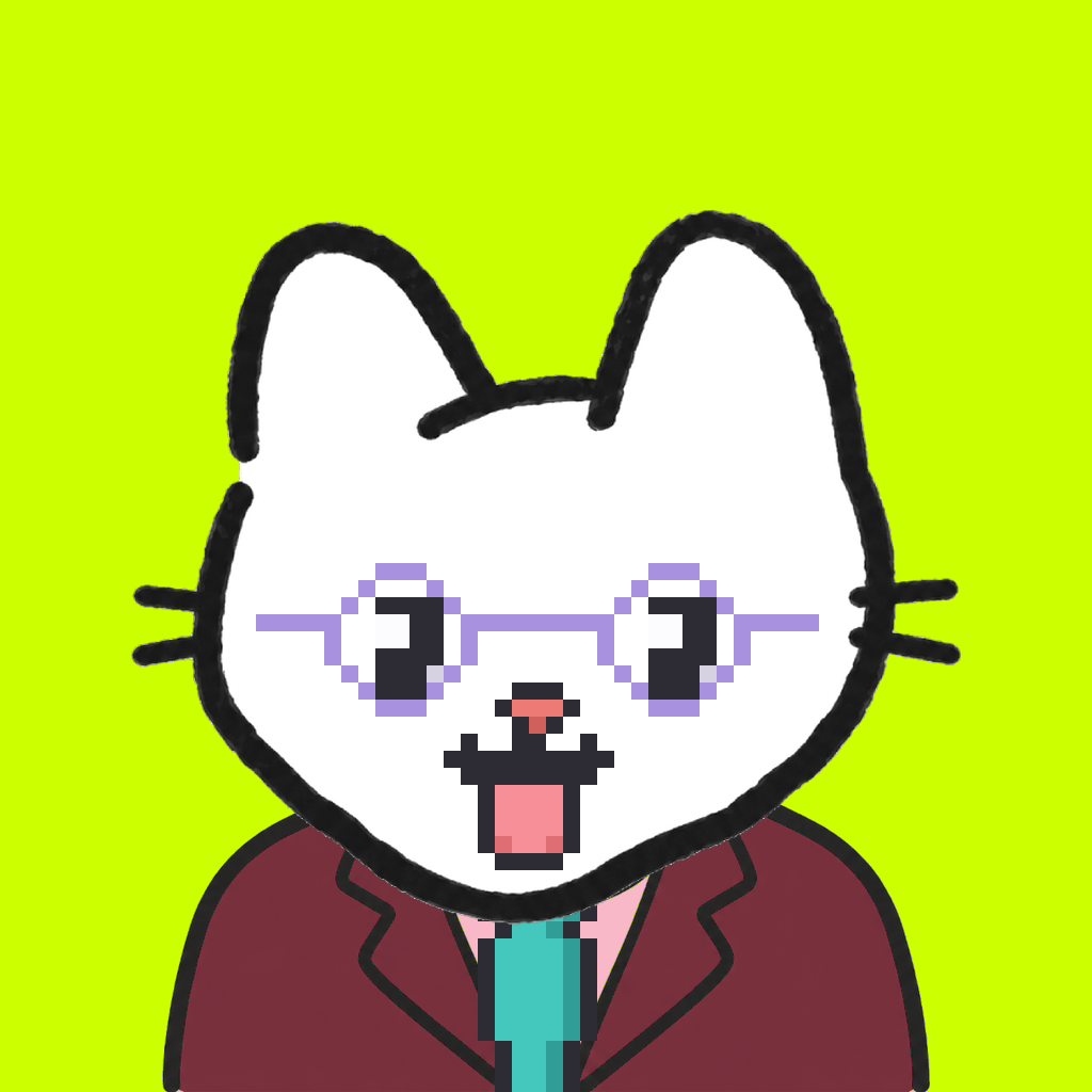 Employee #0633 — a white cat, in a burgundy suit, with a teal tie, wearing round-lavender glasses, on volt