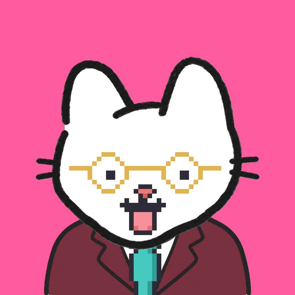 Employee #0634 — a white cat, in a burgundy suit, with a teal tie, wearing round-gold glasses, on hot pink