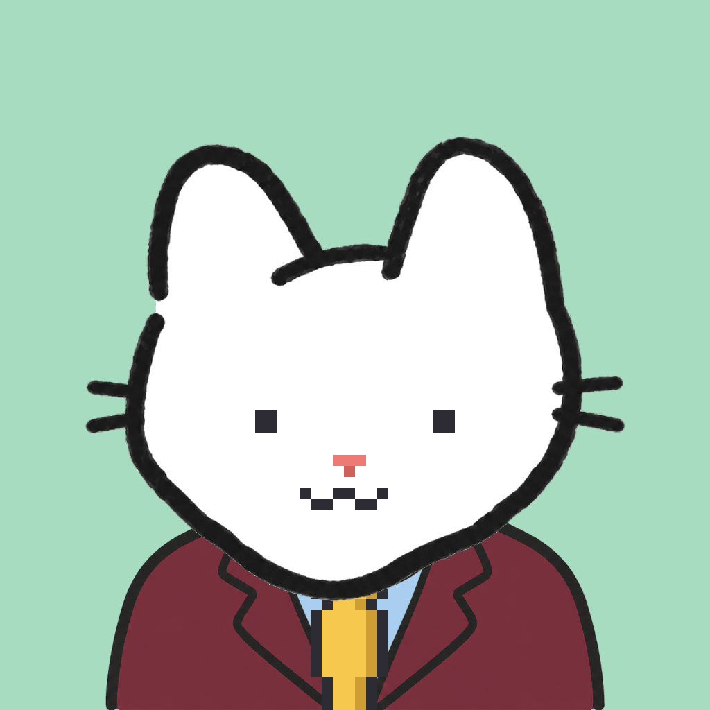 Employee #0635 — a white cat, in a burgundy suit, with a gold tie, on mint
