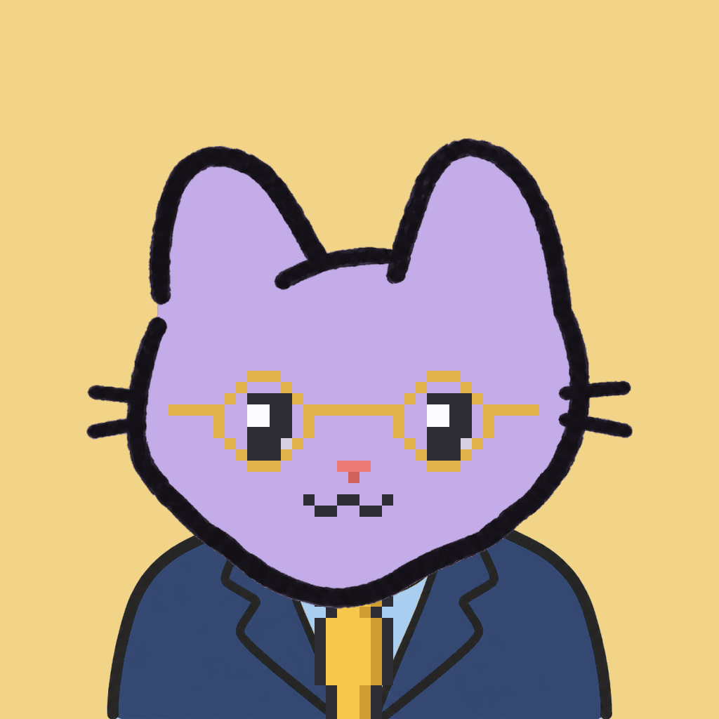 Employee #0636 — a lavender cat, in a navy suit, with a gold tie, wearing round-gold glasses, on butter