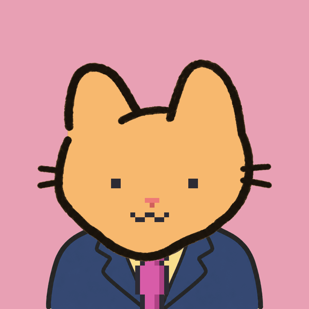 Employee #0637 — a tabby cat, in a navy suit, with a magenta tie, on rose
