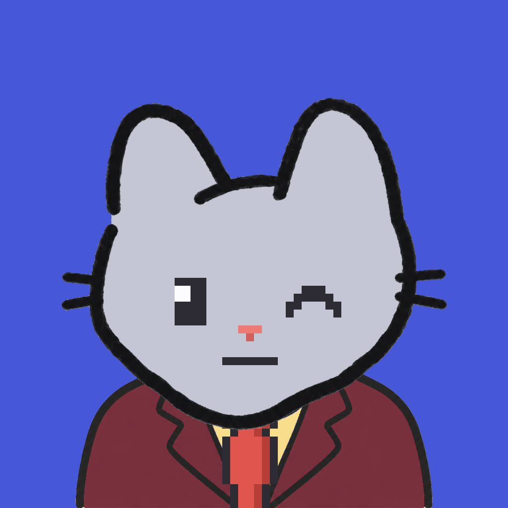 Employee #0638 — a gray cat, in a burgundy suit, with a red tie, on royal