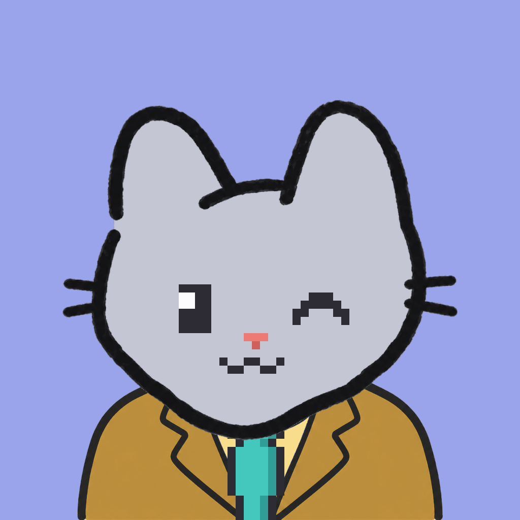 Employee #0639 — a gray cat, in a mustard suit, with a teal tie, on periwinkle