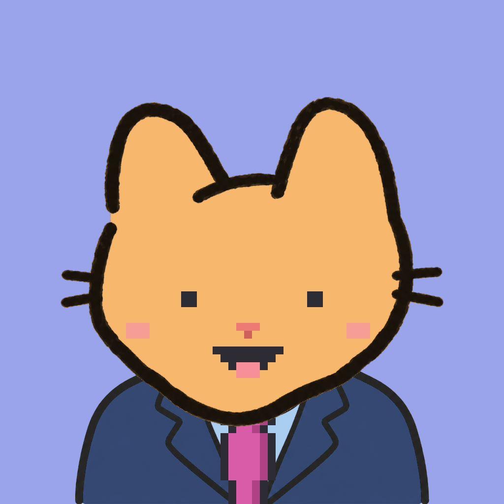 Employee #0064 — a tabby cat, in a navy suit, with a magenta tie, on periwinkle