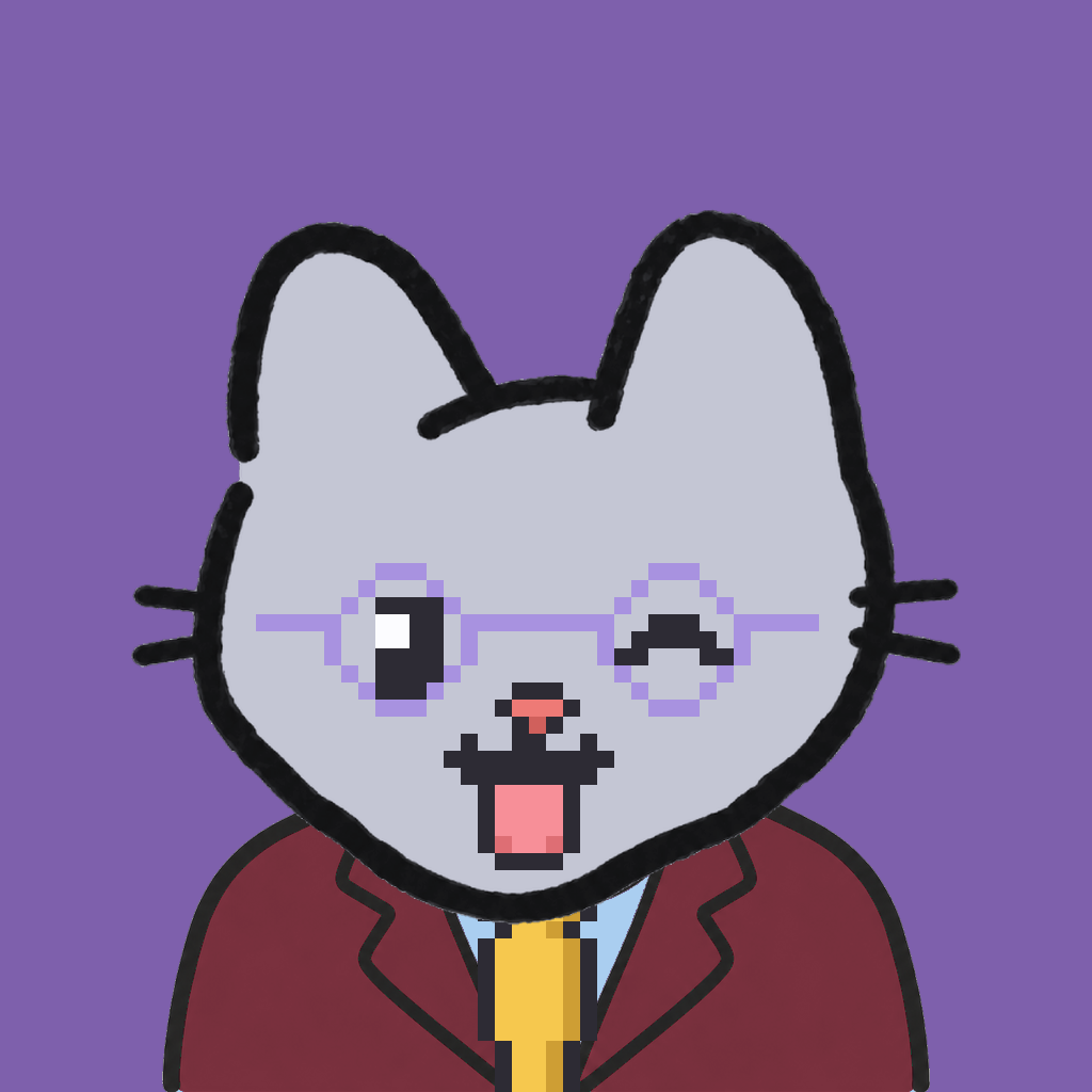 Employee #0640 — a gray cat, in a burgundy suit, with a gold tie, wearing round-lavender glasses, on plasma violet