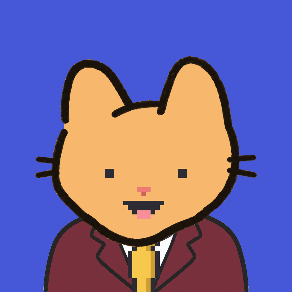 Employee #0641 — a tabby cat, in a burgundy suit, with a gold tie, on royal