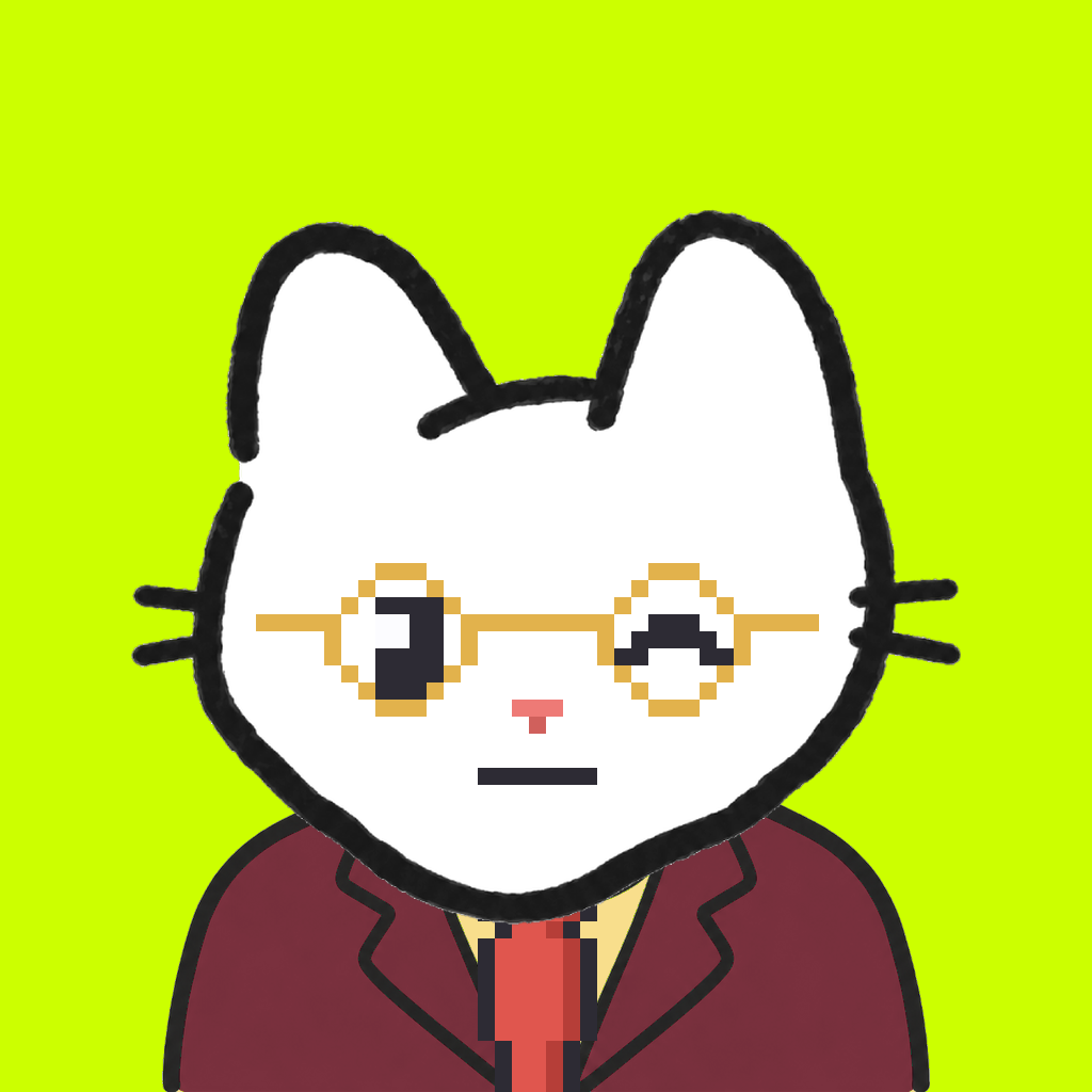 Employee #0642 — a white cat, in a burgundy suit, with a red tie, wearing round-gold glasses, on volt