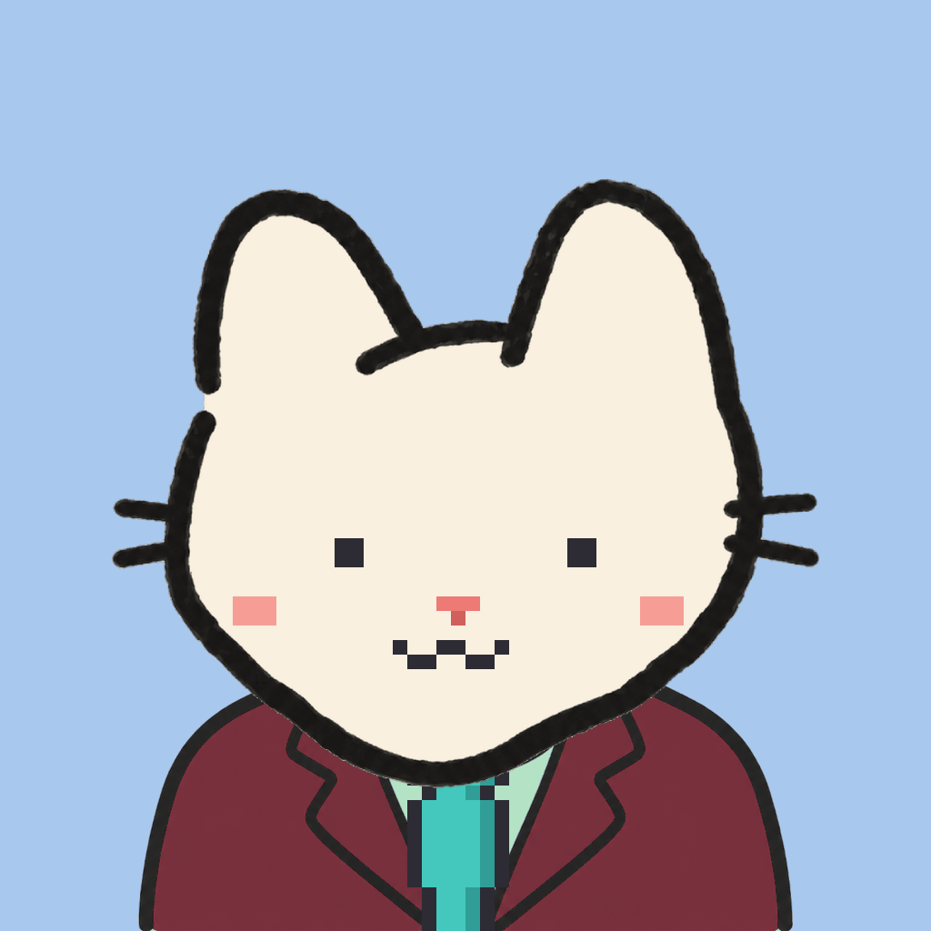Employee #0643 — a cream cat, in a burgundy suit, with a teal tie, on sky