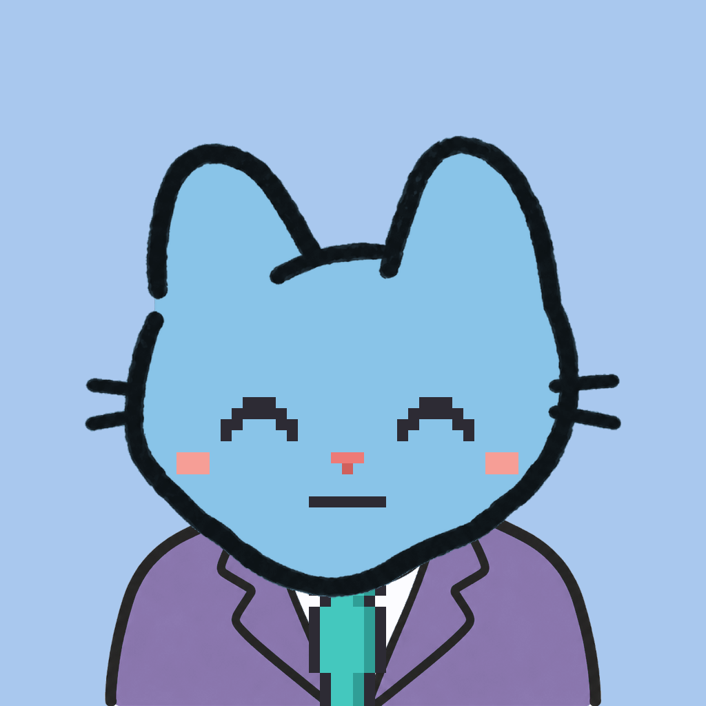 Employee #0644 — a sky cat, in a lavender suit, with a teal tie, on sky