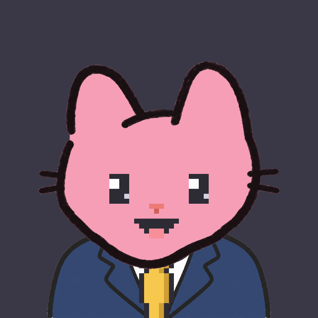 Employee #0645 — a pink cat, in a navy suit, with a gold tie, on charcoal