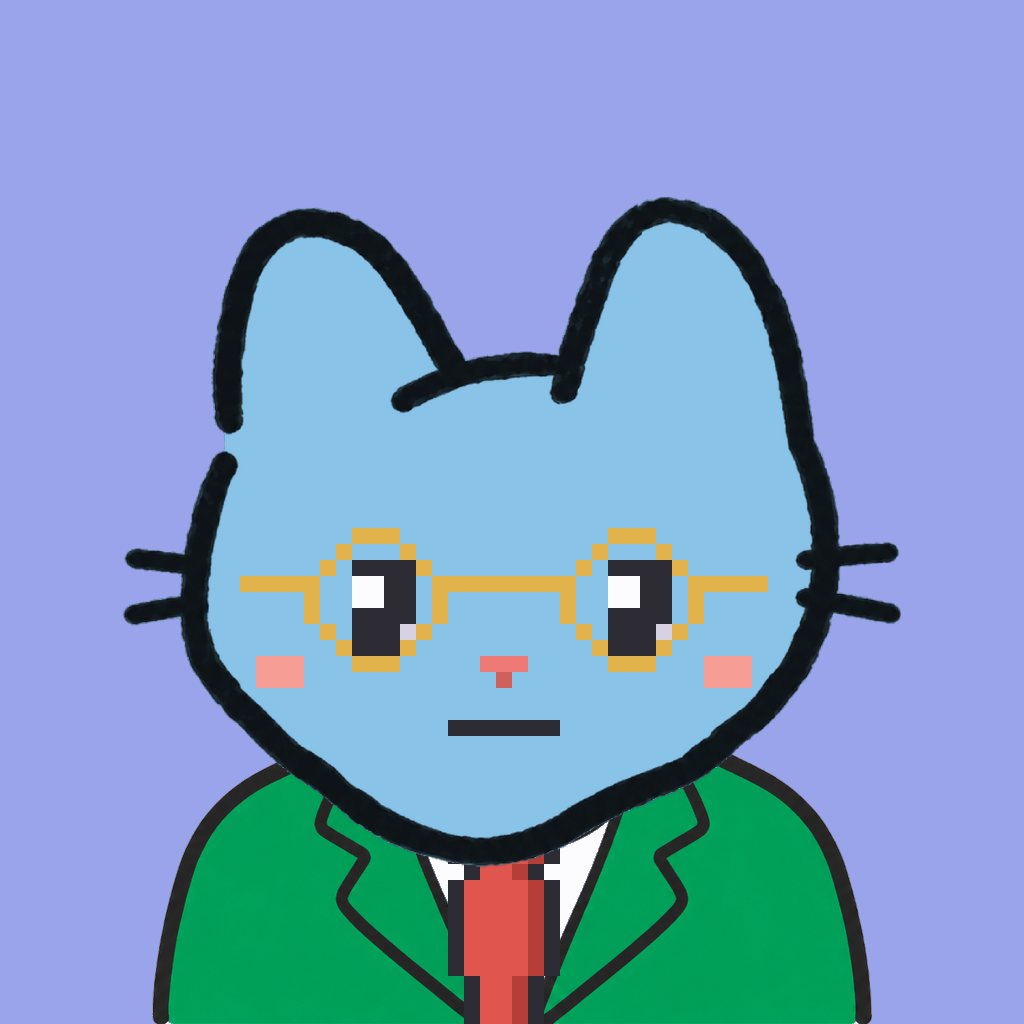Employee #0646 — a sky cat, in a green suit, with a red tie, wearing round-gold glasses, on periwinkle