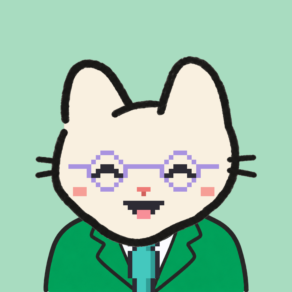 Employee #0647 — a cream cat, in a green suit, with a teal tie, wearing round-lavender glasses, on mint