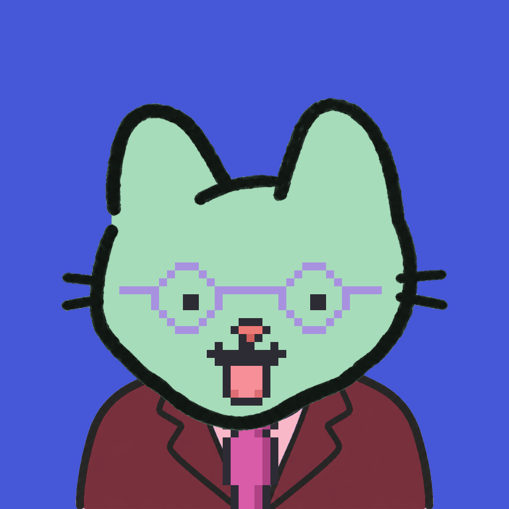 Employee #0648 — a mint cat, in a burgundy suit, with a magenta tie, wearing round-lavender glasses, on royal