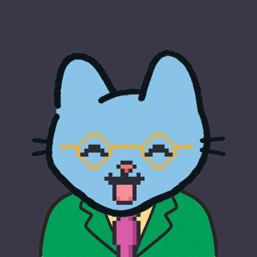 Employee #0649 — a sky cat, in a green suit, with a magenta tie, wearing round-gold glasses, on charcoal
