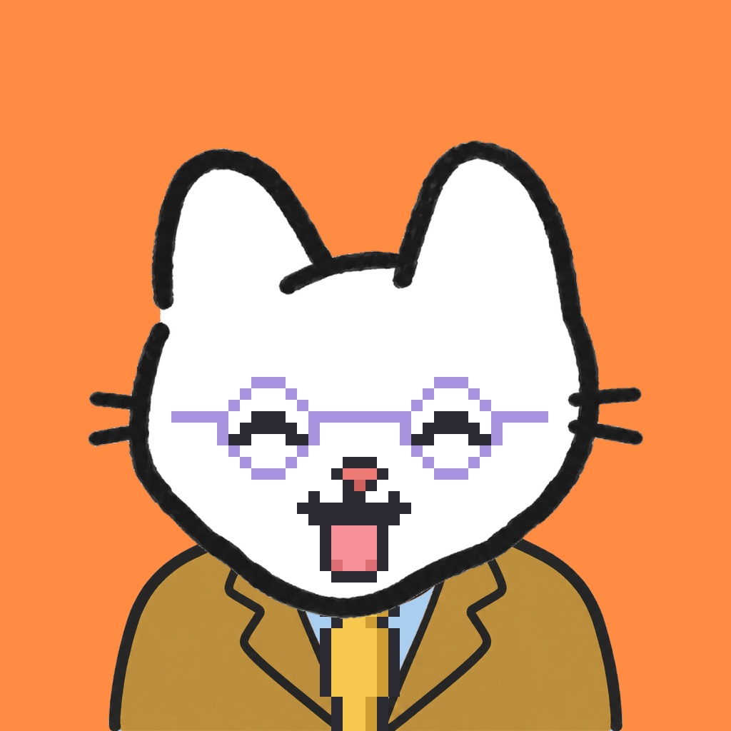 Employee #0065 — a white cat, in a mustard suit, with a gold tie, wearing round-lavender glasses, on tangerine