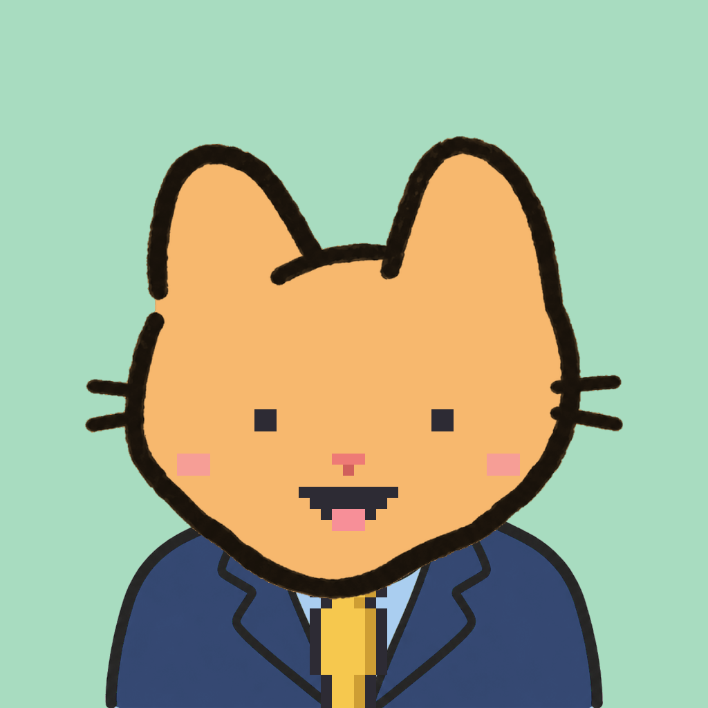 Employee #0650 — a tabby cat, in a navy suit, with a gold tie, on mint