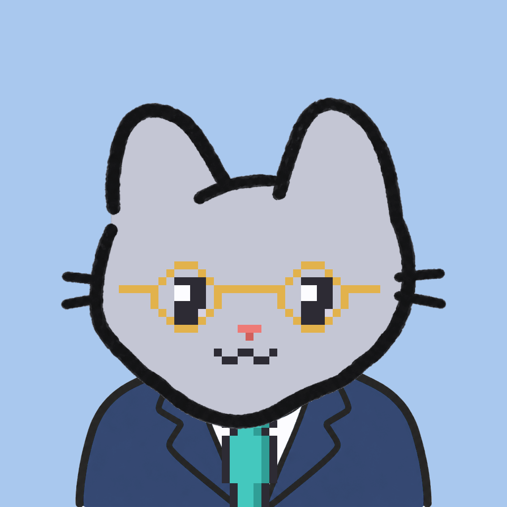 Employee #0651 — a gray cat, in a navy suit, with a teal tie, wearing round-gold glasses, on sky