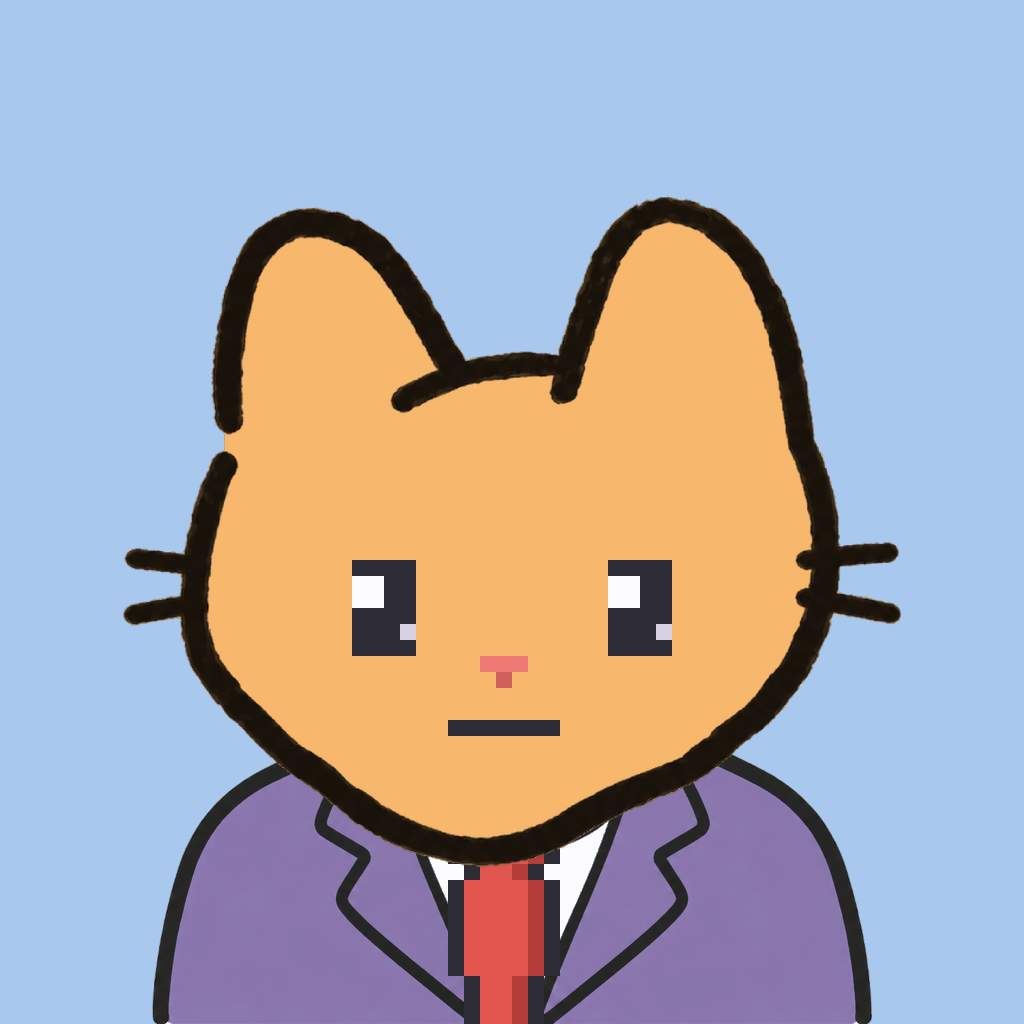 Employee #0652 — a tabby cat, in a lavender suit, with a red tie, on sky