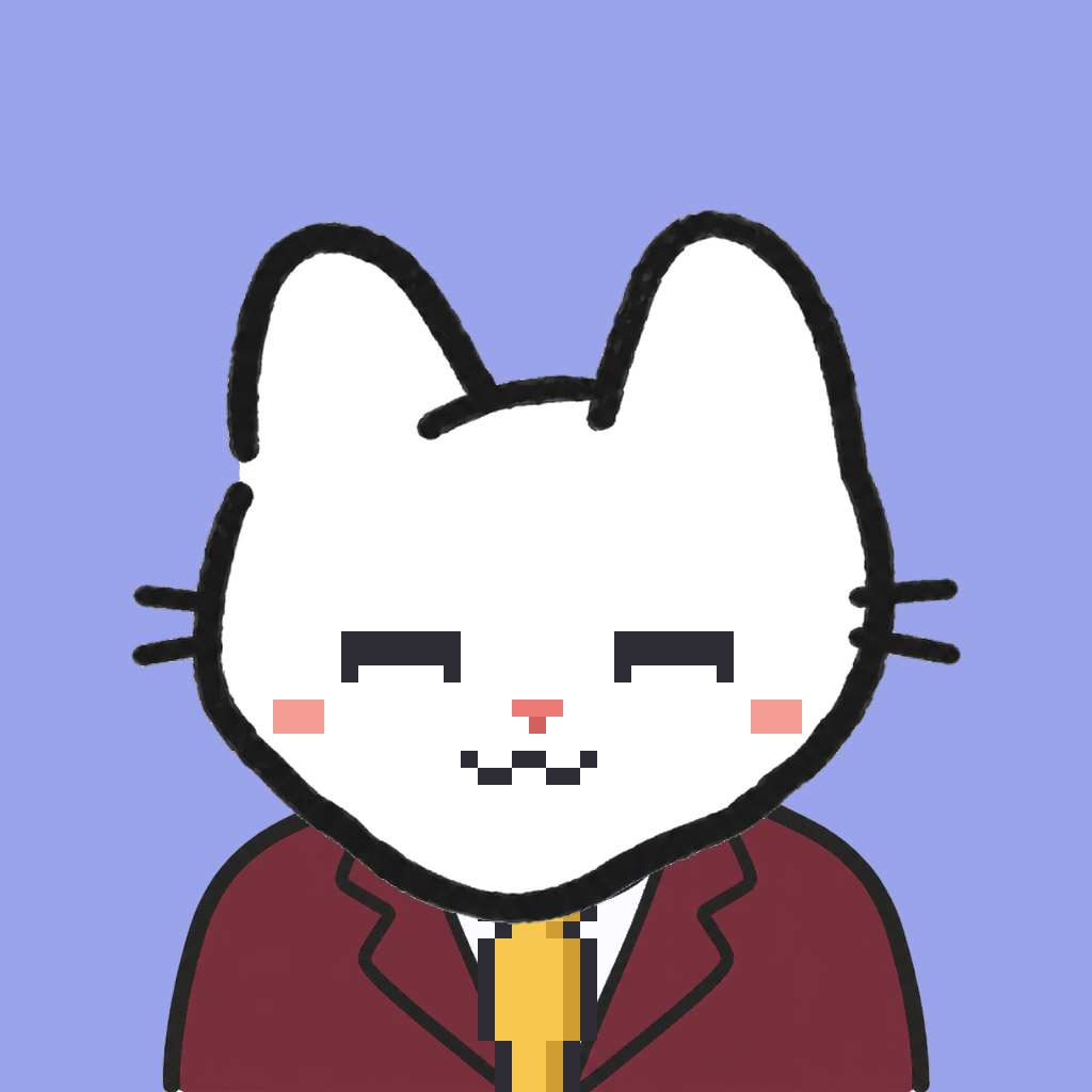 Employee #0653 — a white cat, in a burgundy suit, with a gold tie, on periwinkle