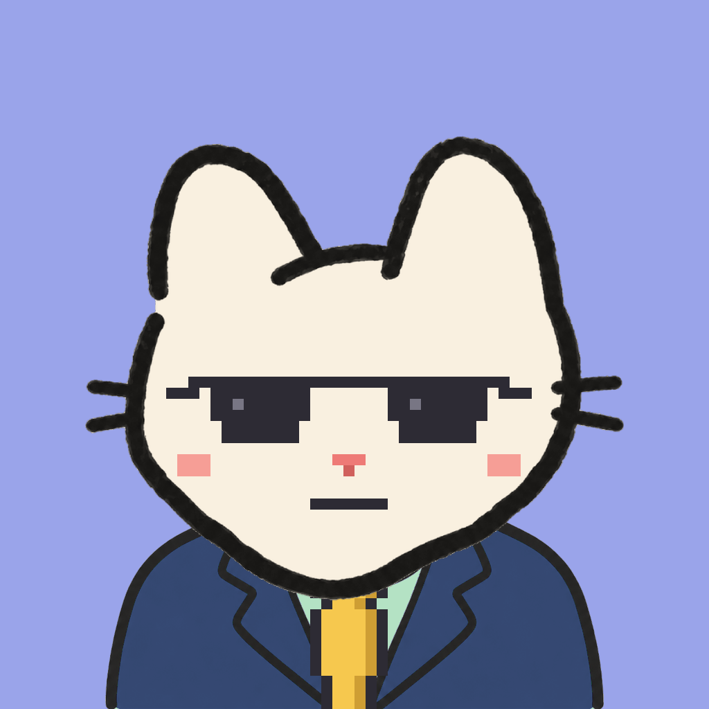 Employee #0654 — a cream cat, in a navy suit, with a gold tie, wearing shades glasses, on periwinkle