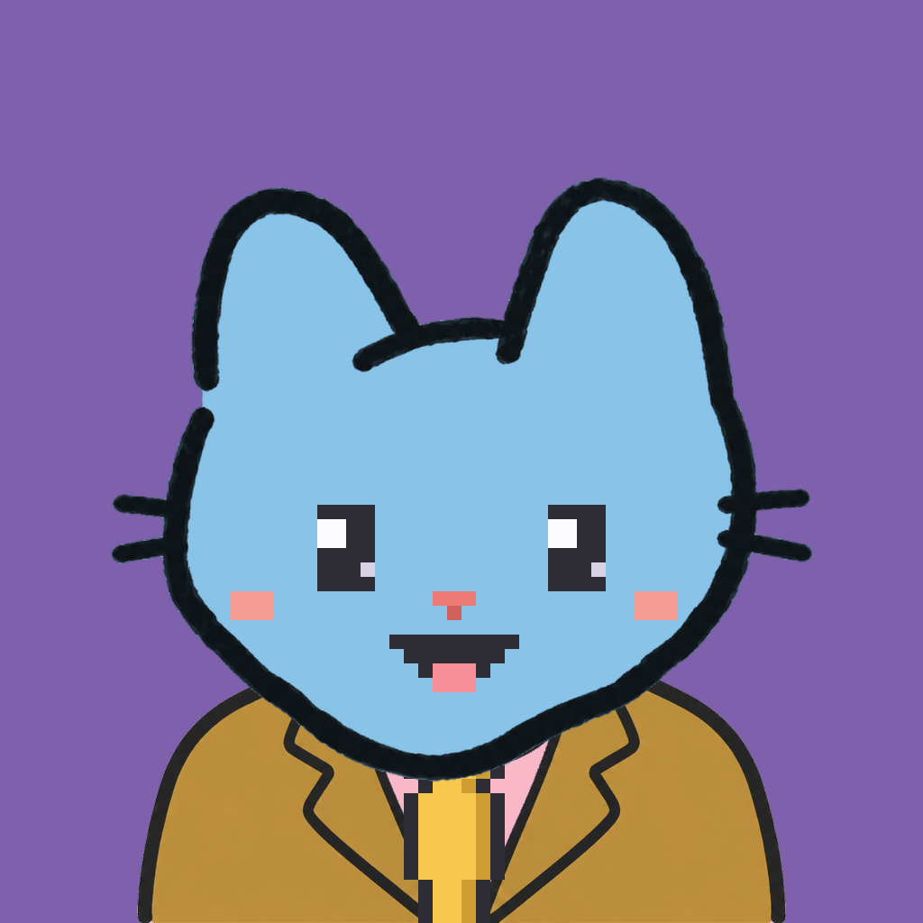 Employee #0655 — a sky cat, in a mustard suit, with a gold tie, on plasma violet