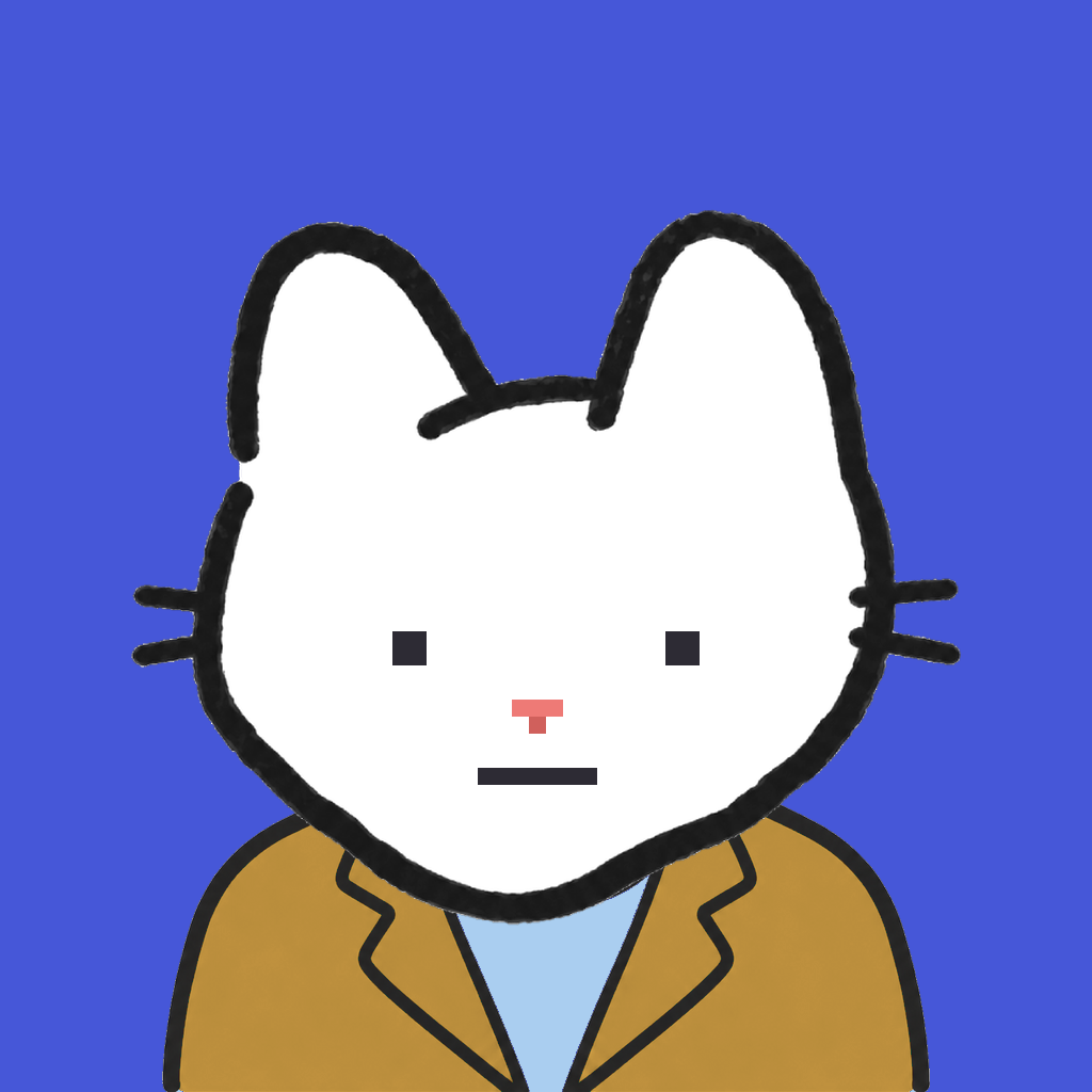 Employee #0656 — a white cat, in a mustard suit, on royal