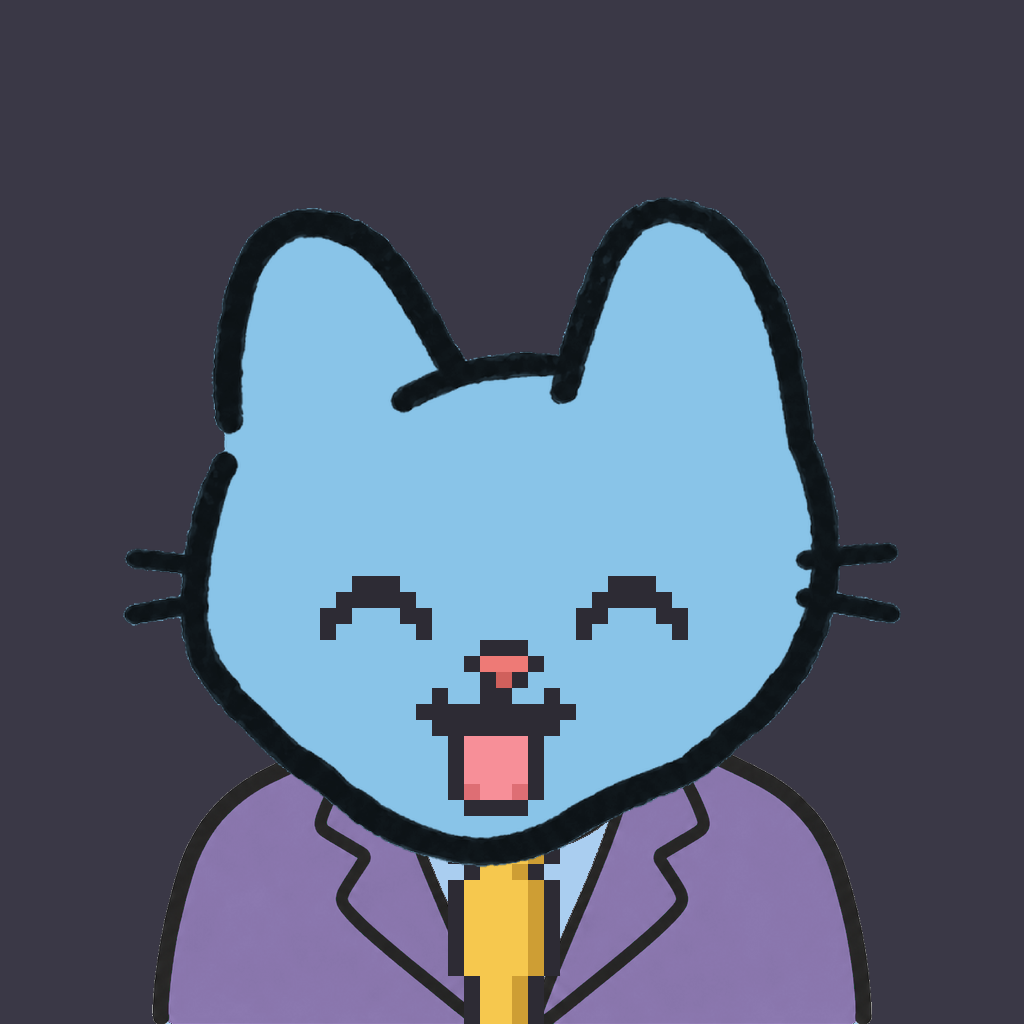 Employee #0657 — a sky cat, in a lavender suit, with a gold tie, on charcoal