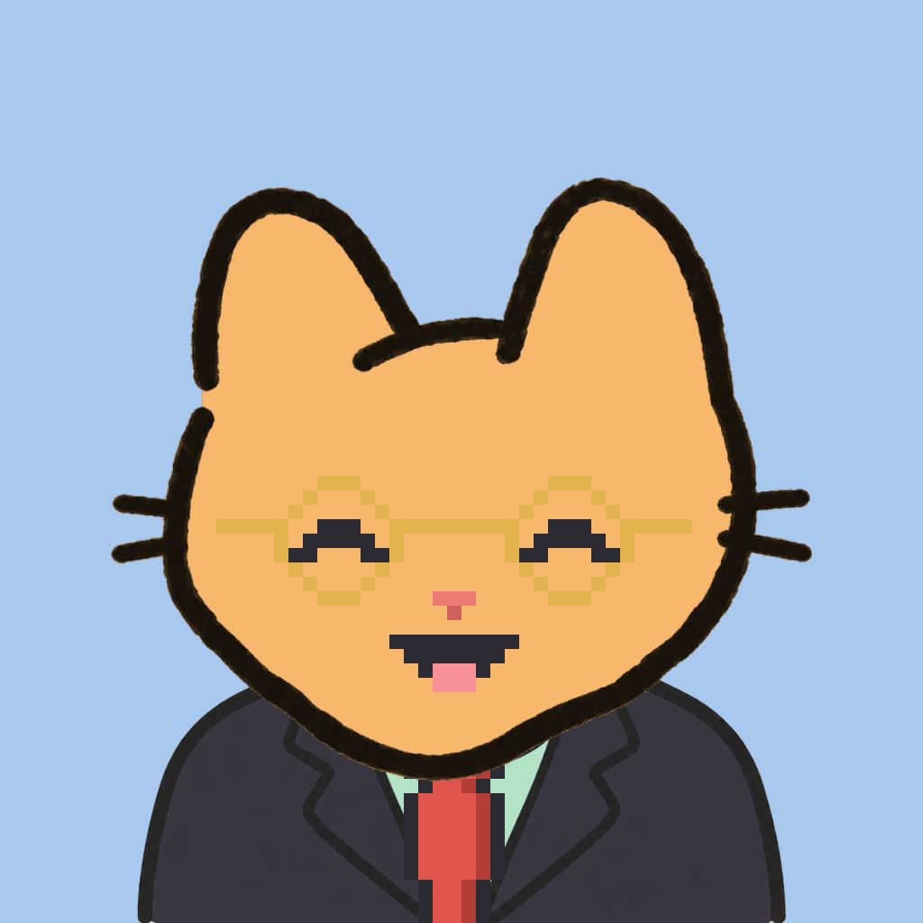 Employee #0658 — a tabby cat, in a black suit, with a red tie, wearing round-gold glasses, on sky