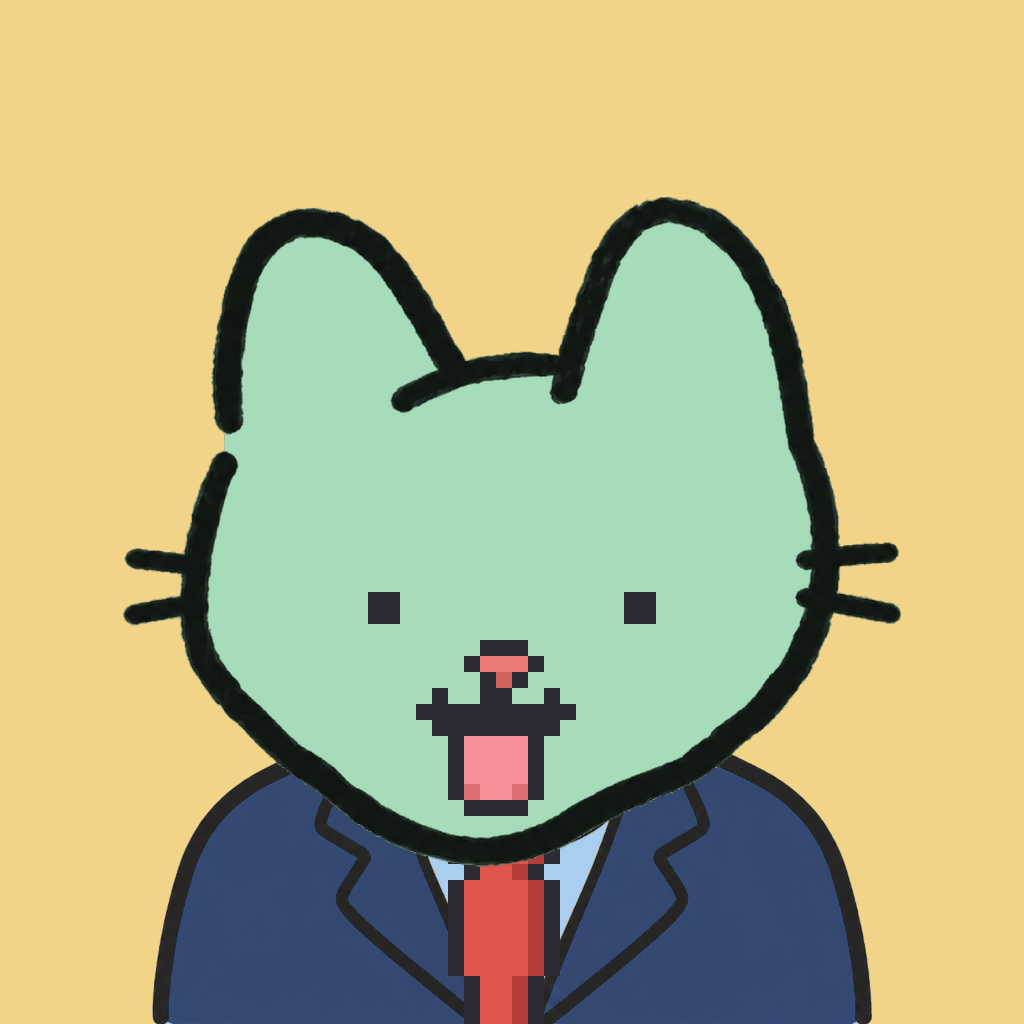 Employee #0659 — a mint cat, in a navy suit, with a red tie, on butter