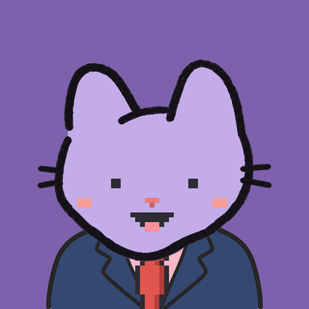 Employee #0066 — a lavender cat, in a navy suit, with a red tie, on plasma violet