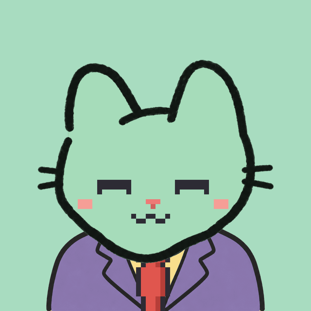 Employee #0660 — a mint cat, in a lavender suit, with a red tie, on mint