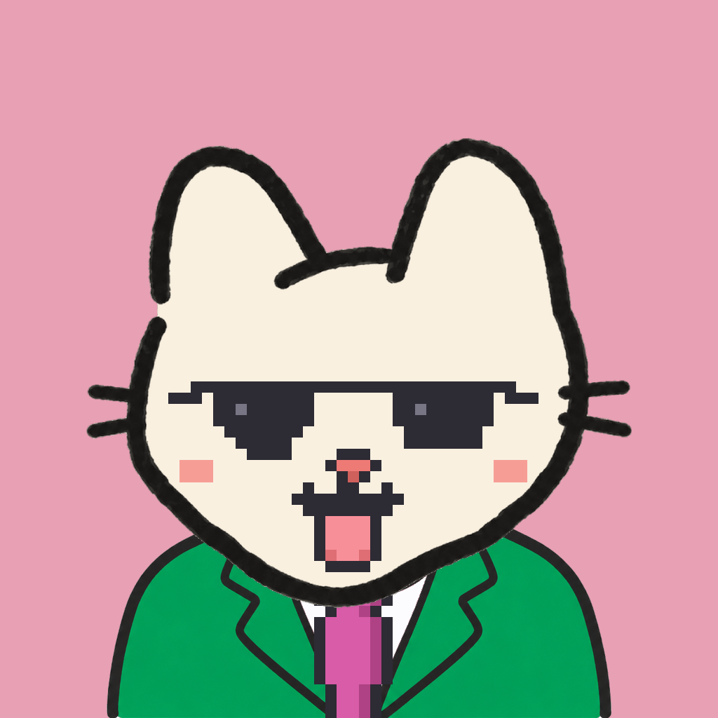 Employee #0661 — a cream cat, in a green suit, with a magenta tie, wearing shades glasses, on rose