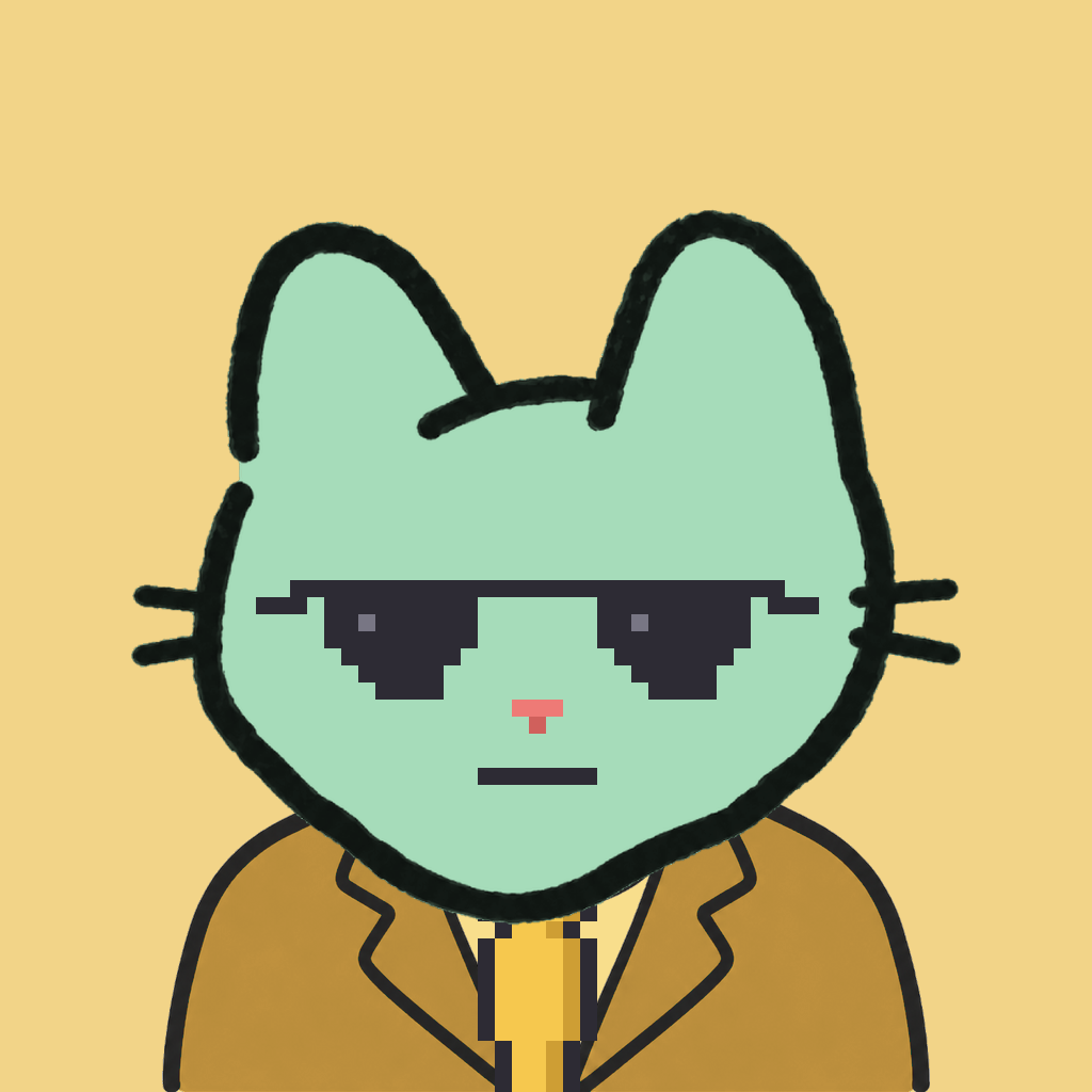 Employee #0662 — a mint cat, in a mustard suit, with a gold tie, wearing shades glasses, on butter