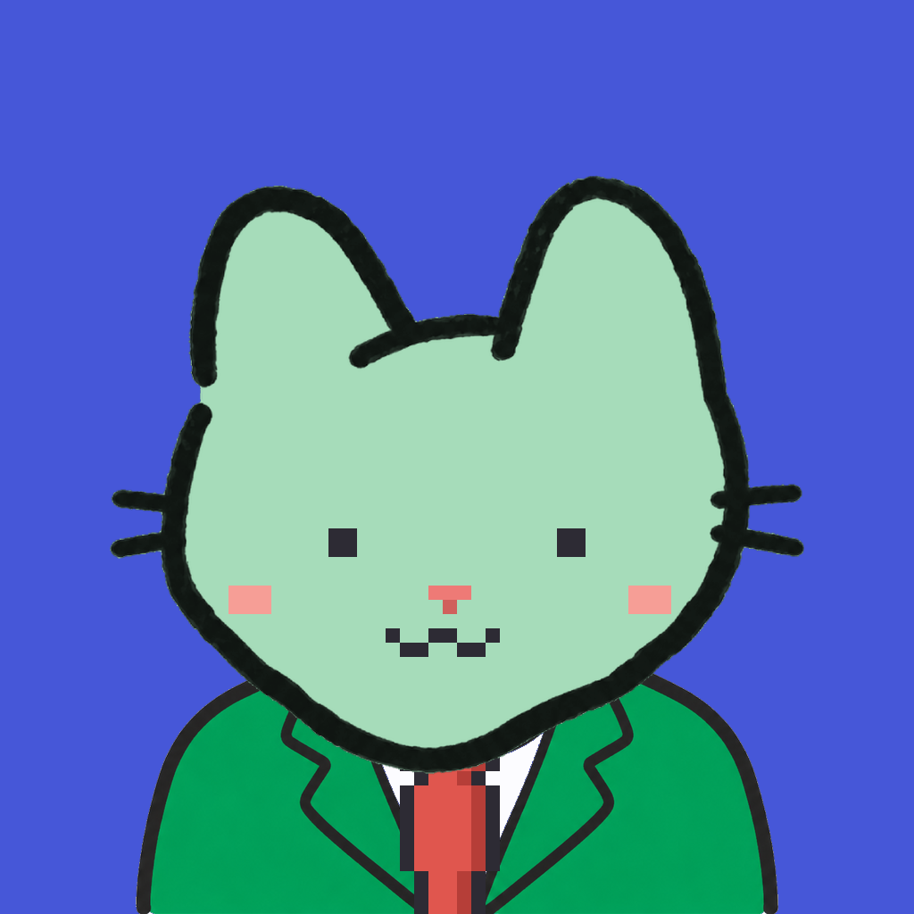 Employee #0663 — a mint cat, in a green suit, with a red tie, on royal