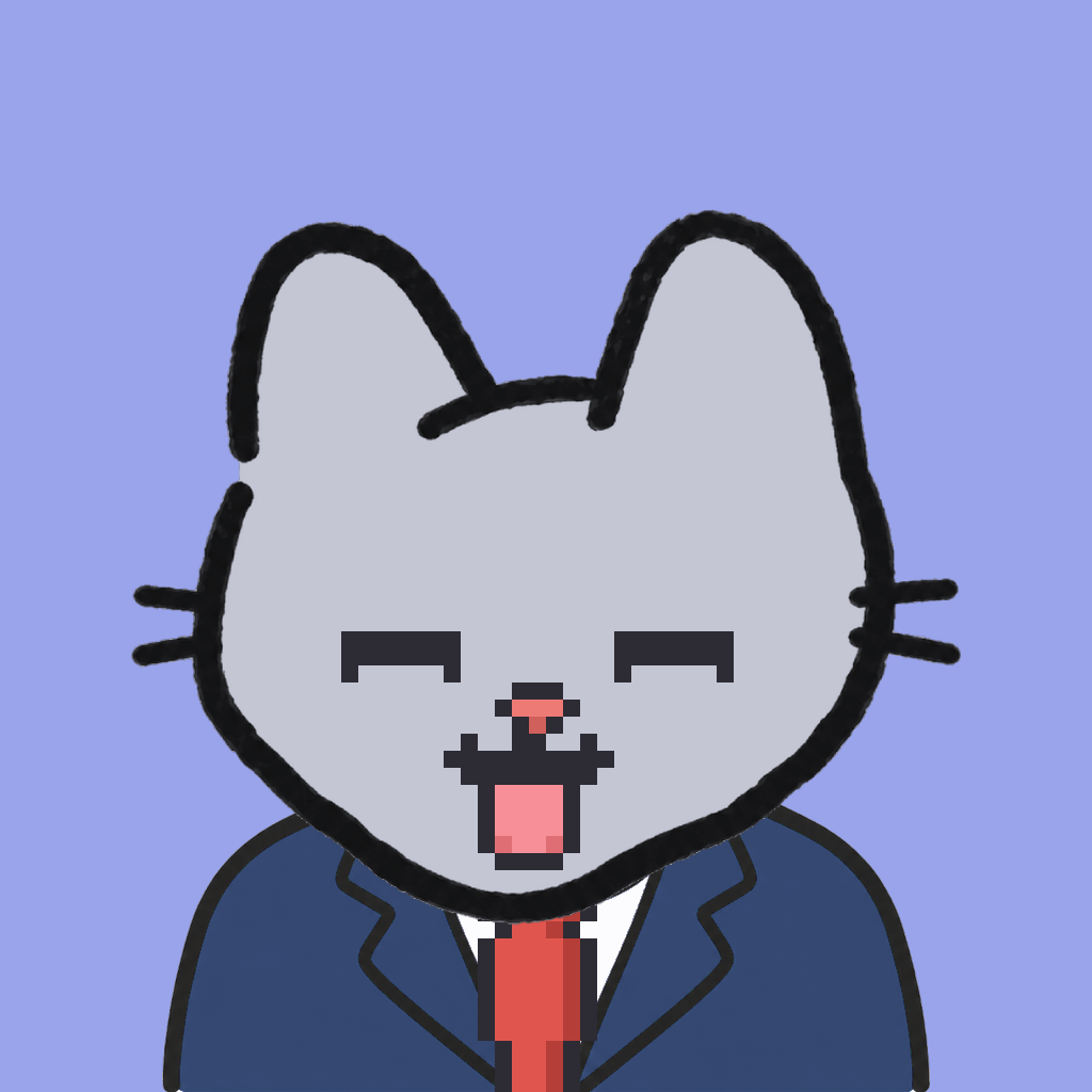 Employee #0664 — a gray cat, in a navy suit, with a red tie, on periwinkle