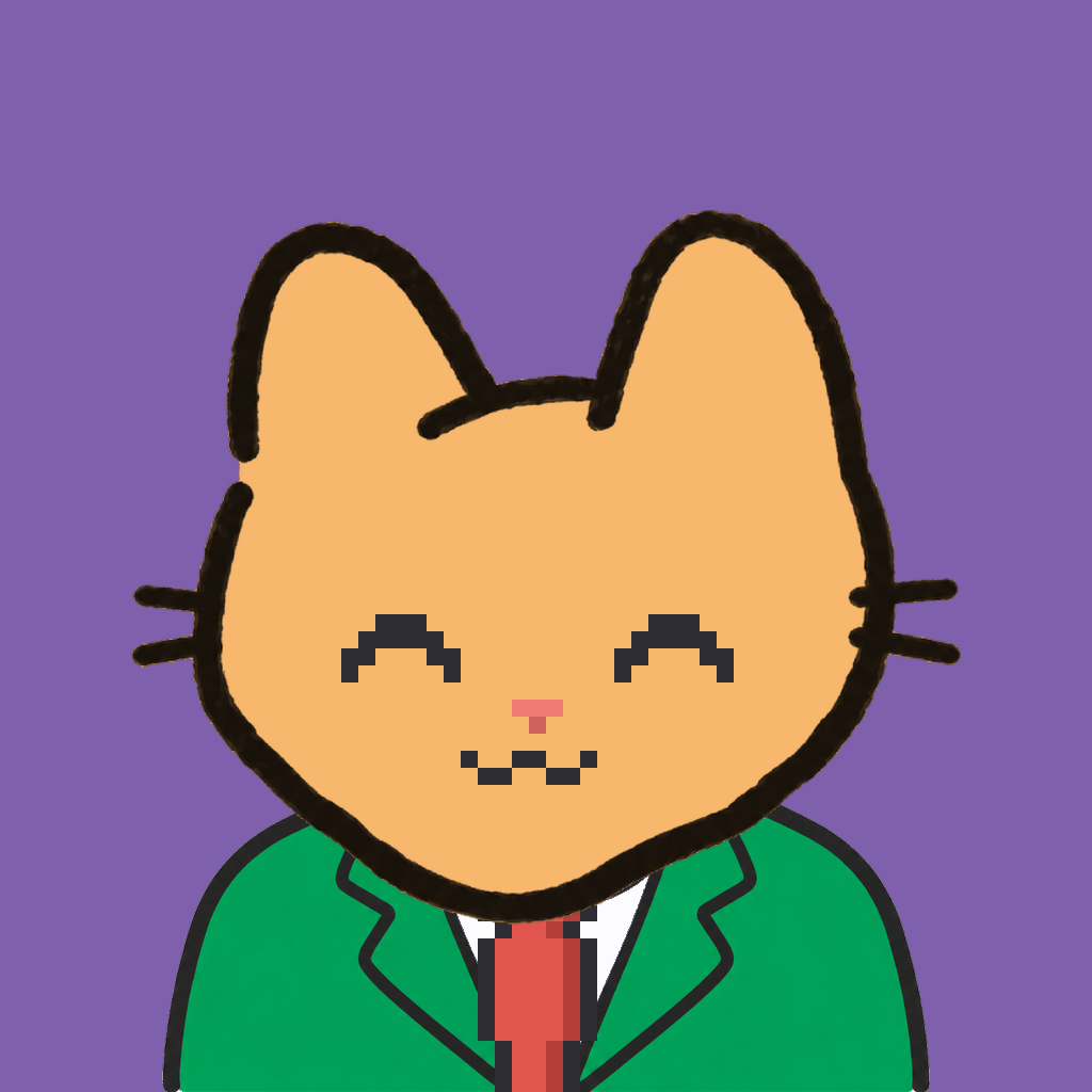 Employee #0665 — a tabby cat, in a green suit, with a red tie, on plasma violet