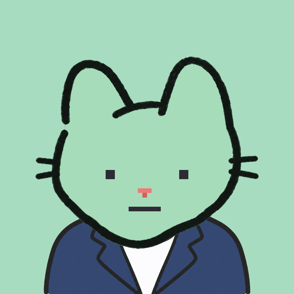 Employee #0666 — a mint cat, in a navy suit, on mint