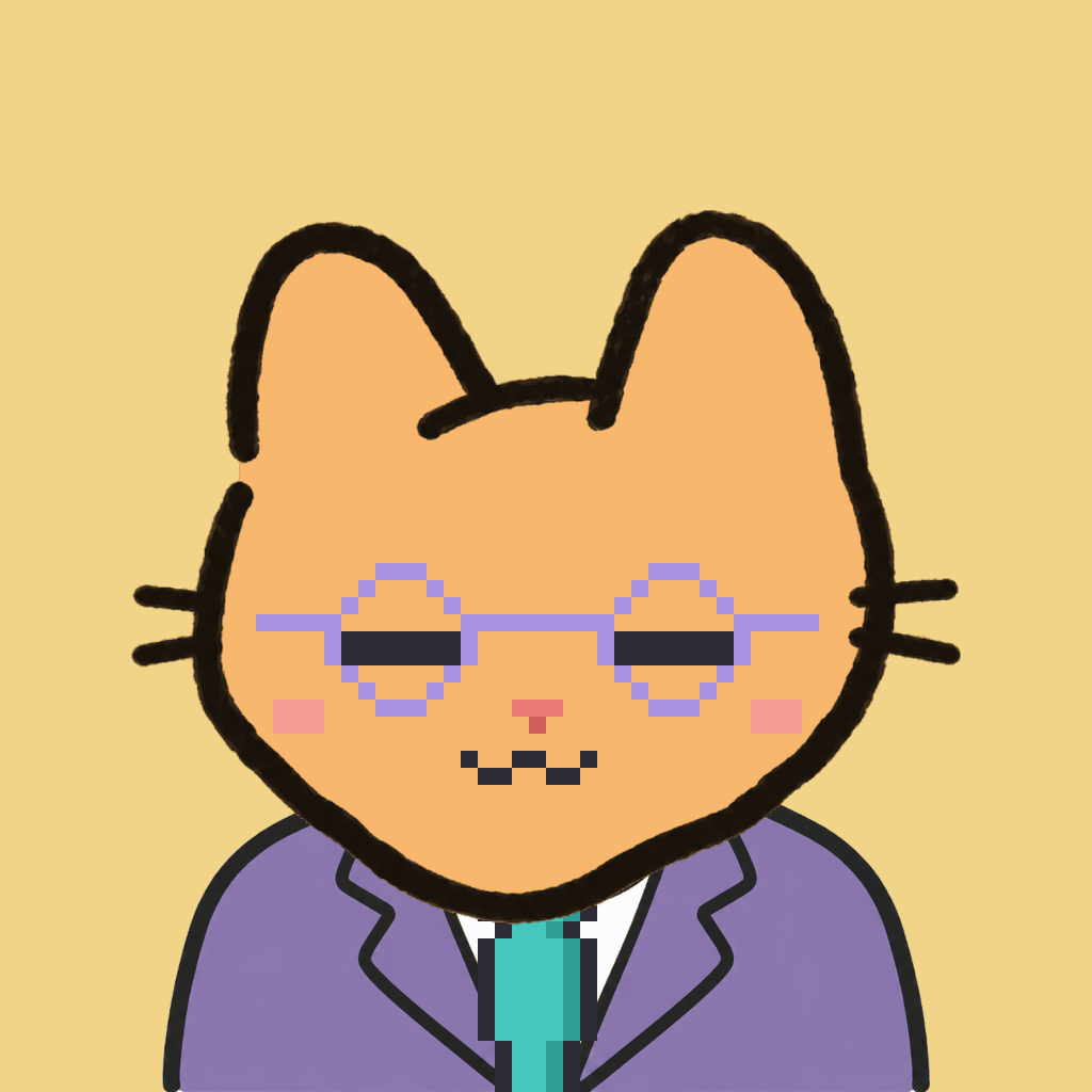 Employee #0667 — a tabby cat, in a lavender suit, with a teal tie, wearing round-lavender glasses, on butter