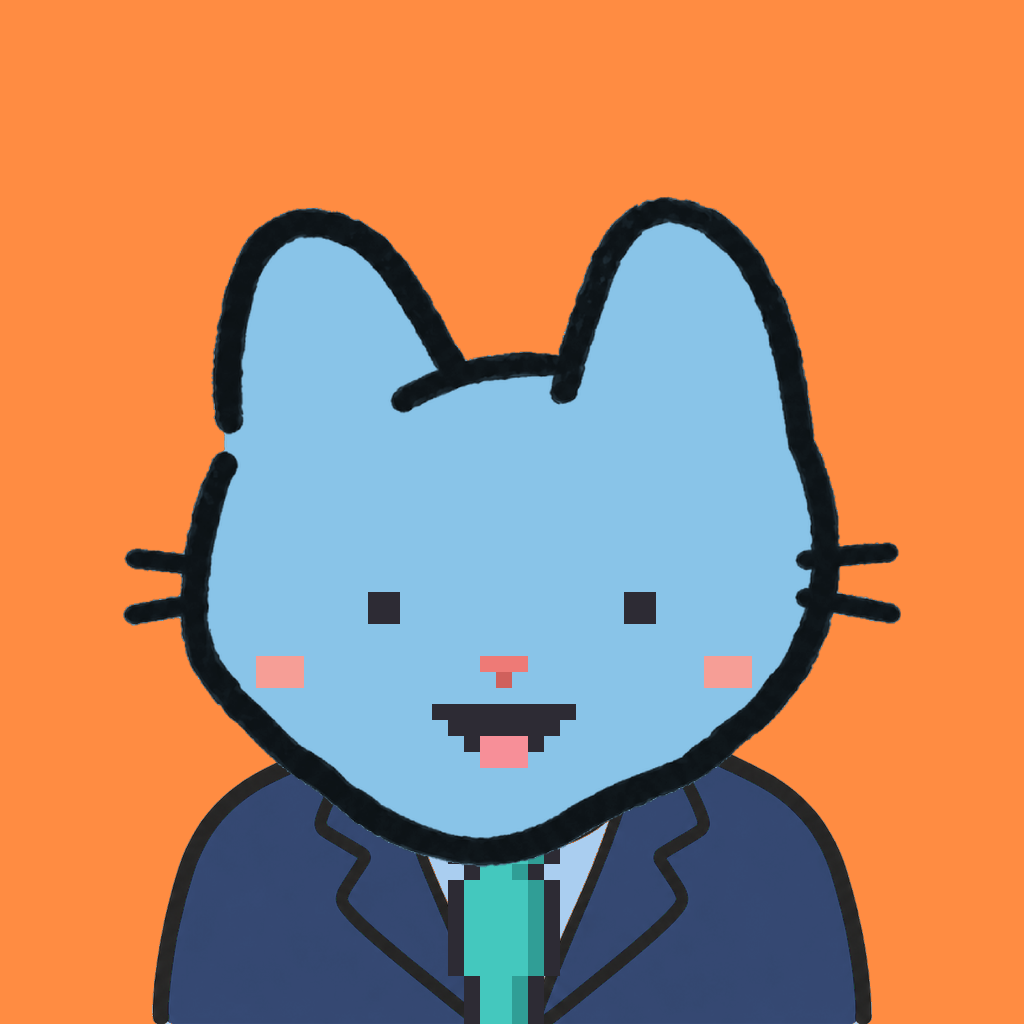 Employee #0668 — a sky cat, in a navy suit, with a teal tie, on tangerine