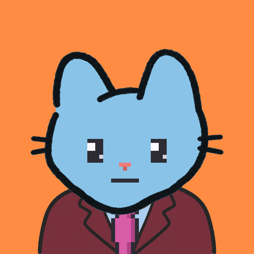 Employee #0669 — a sky cat, in a burgundy suit, with a magenta tie, on tangerine