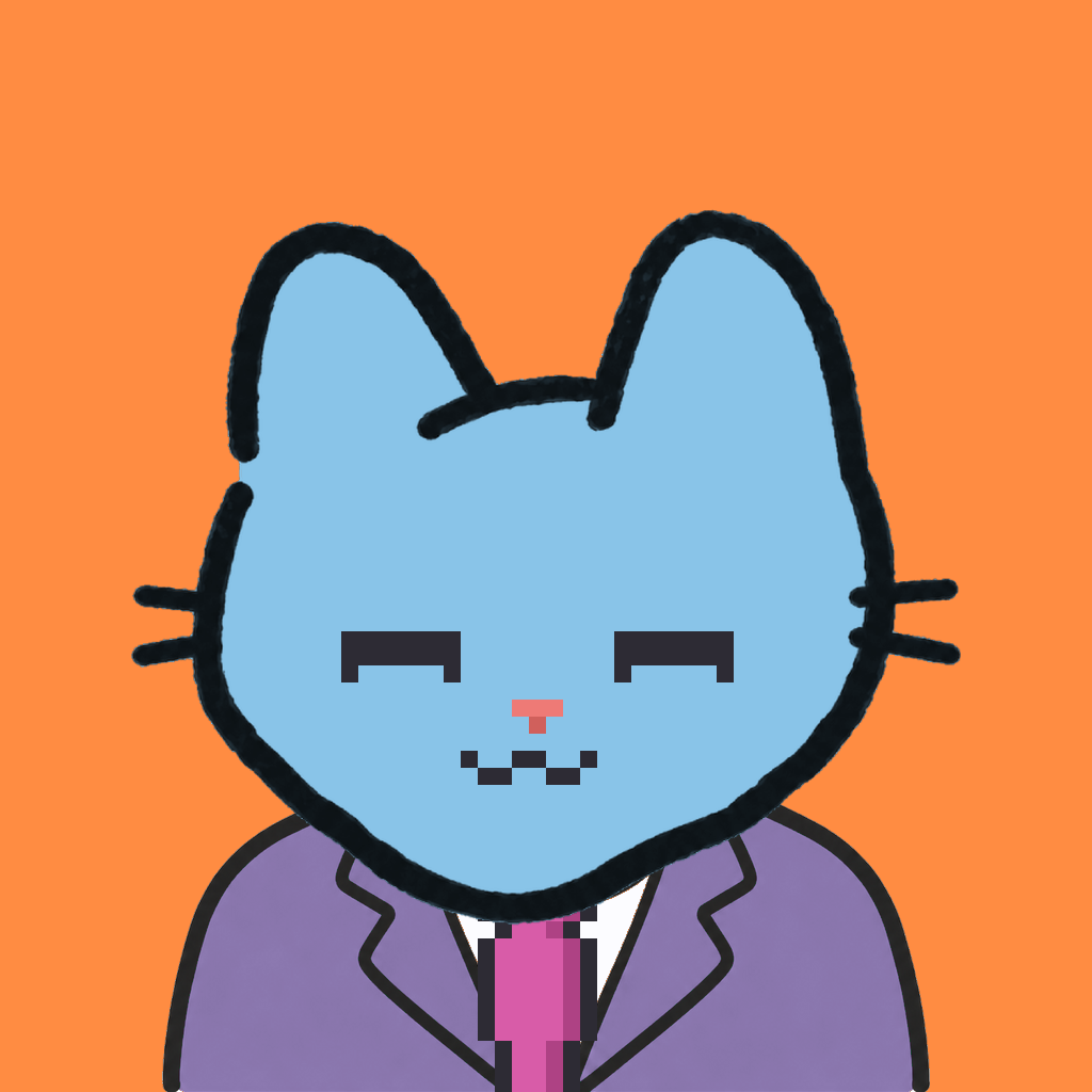 Employee #0067 — a sky cat, in a lavender suit, with a magenta tie, on tangerine