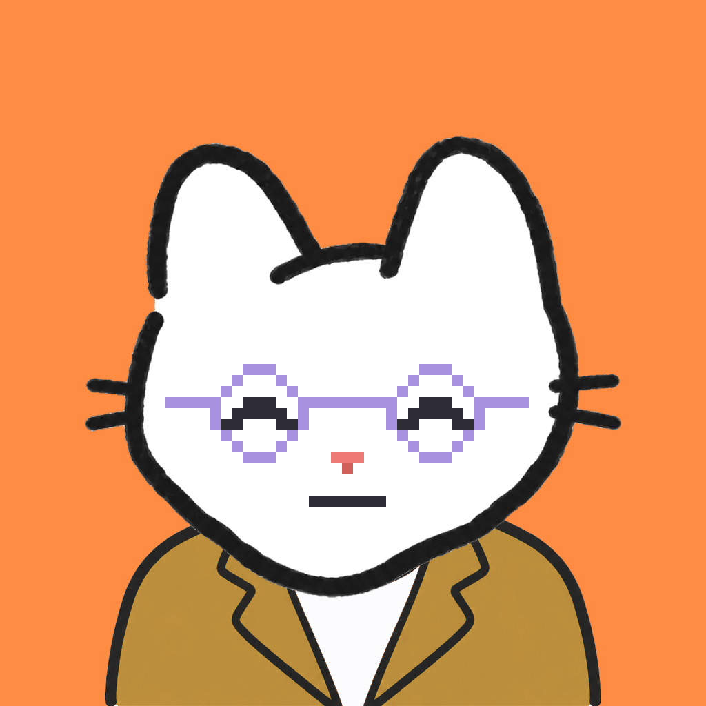 Employee #0670 — a white cat, in a mustard suit, wearing round-lavender glasses, on tangerine
