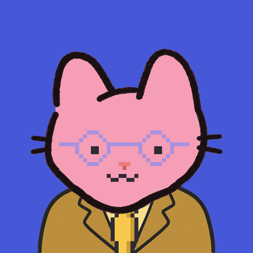 Employee #0671 — a pink cat, in a mustard suit, with a gold tie, wearing round-lavender glasses, on royal