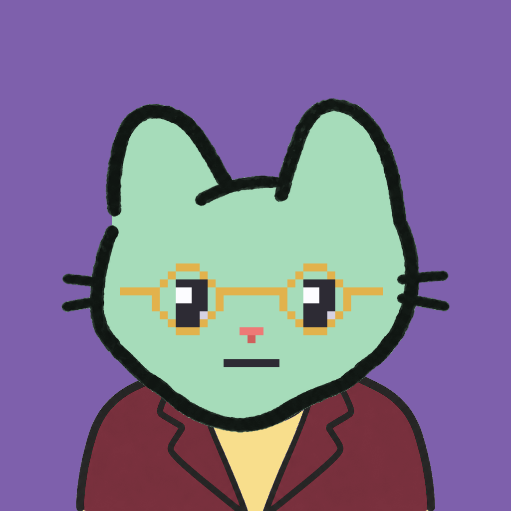 Employee #0672 — a mint cat, in a burgundy suit, wearing round-gold glasses, on plasma violet