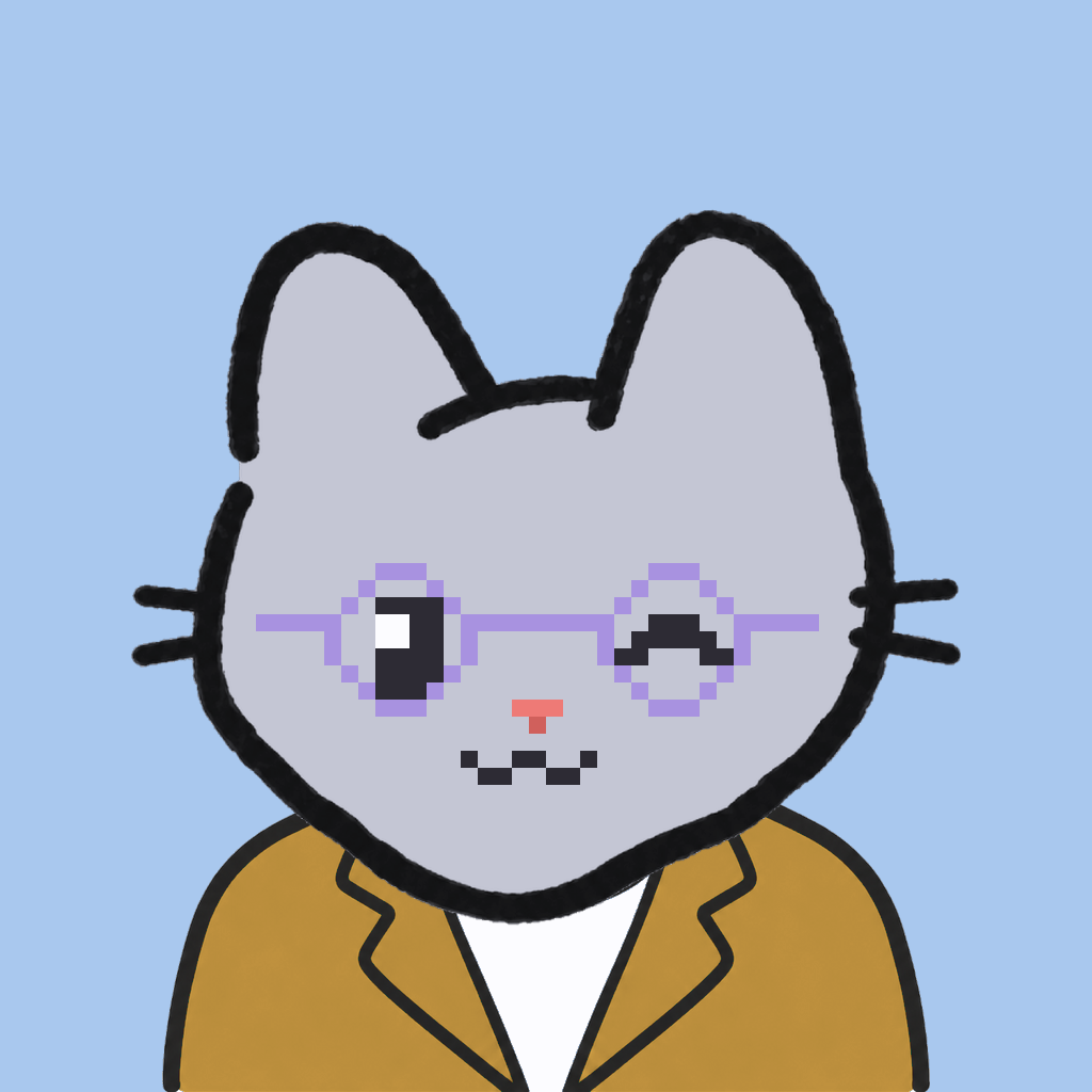 Employee #0673 — a gray cat, in a mustard suit, wearing round-lavender glasses, on sky