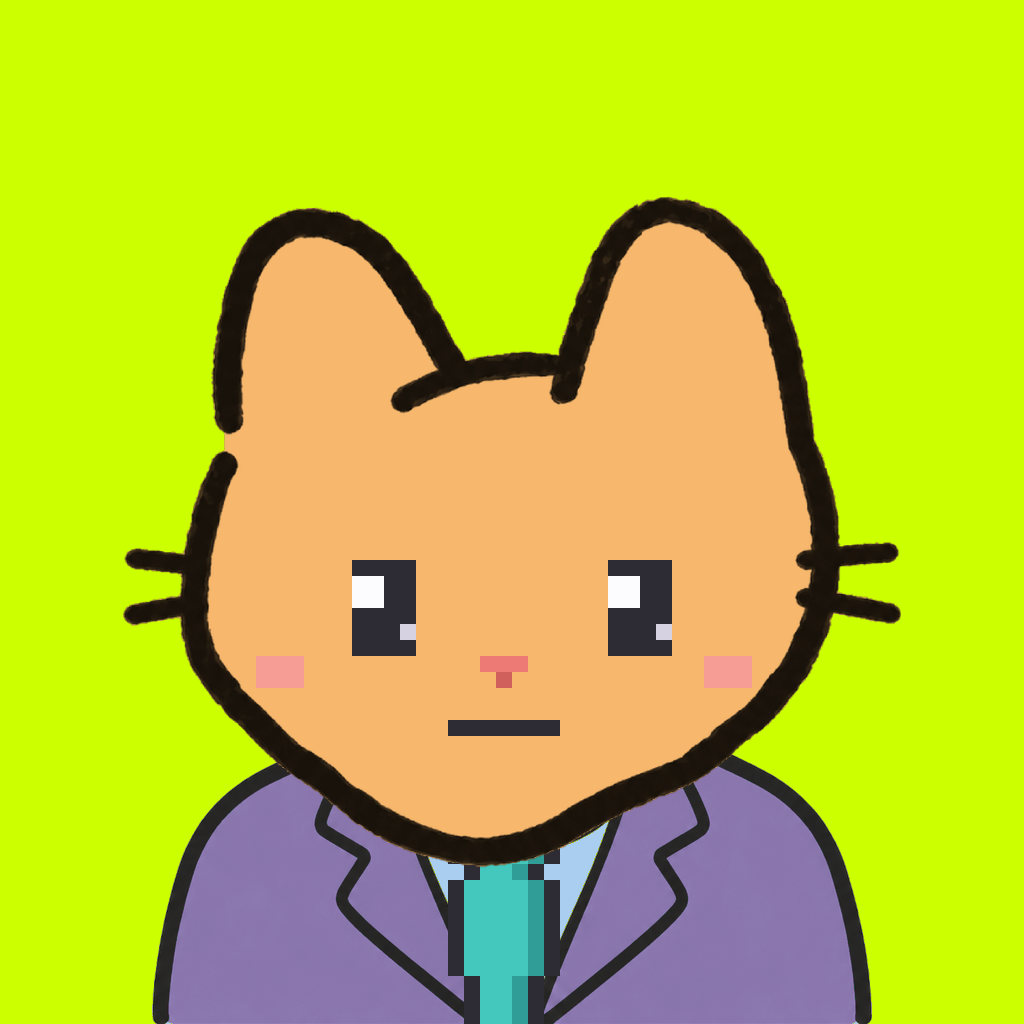 Employee #0674 — a tabby cat, in a lavender suit, with a teal tie, on volt