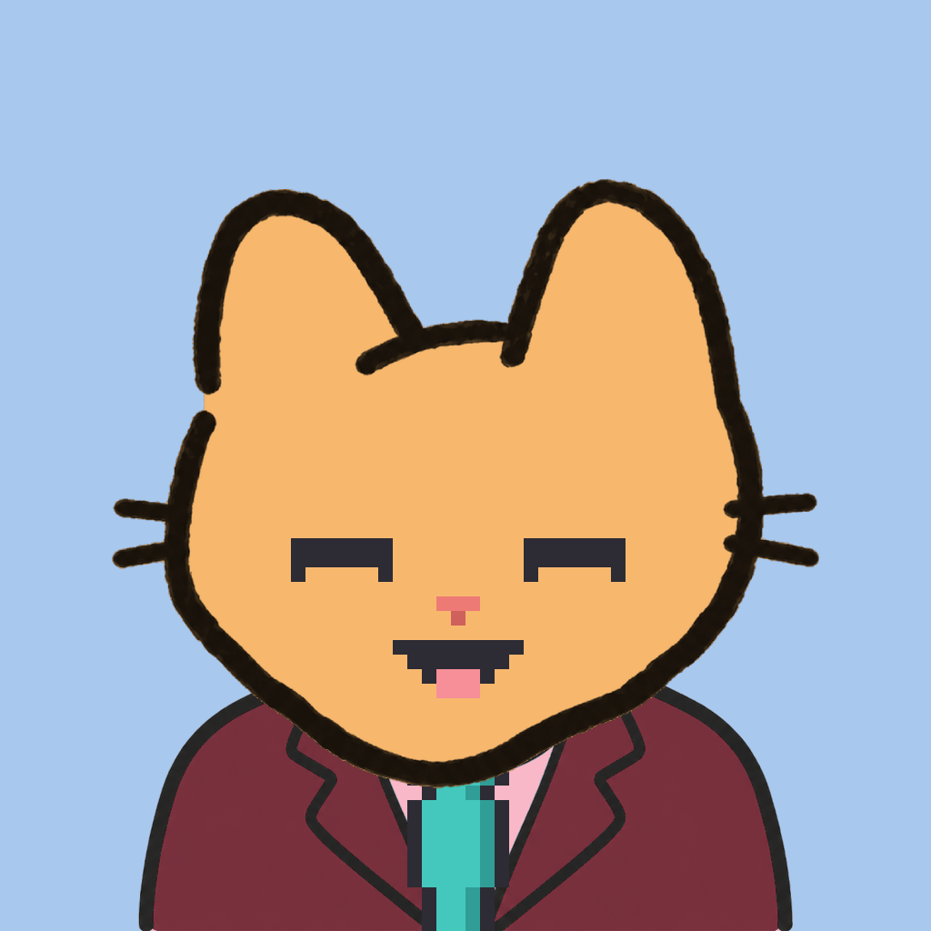 Employee #0675 — a tabby cat, in a burgundy suit, with a teal tie, on sky