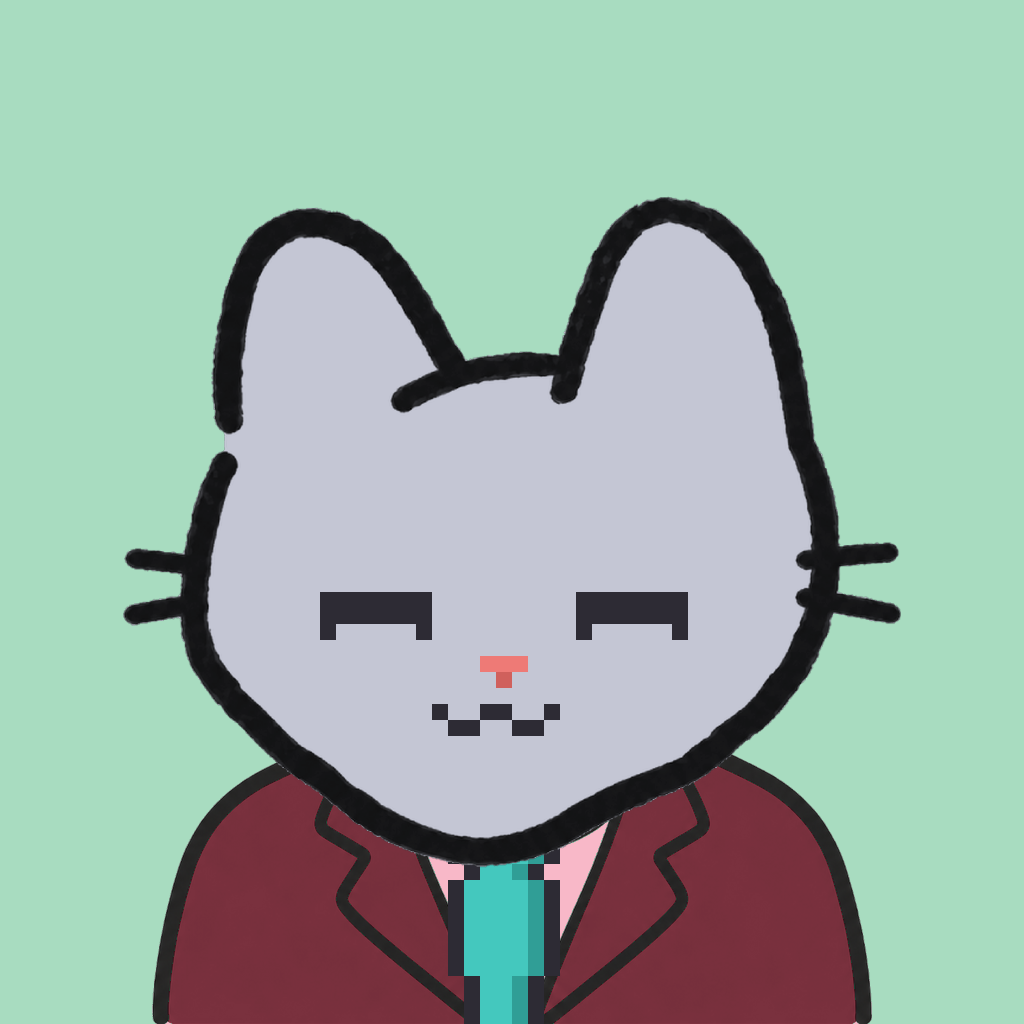 Employee #0676 — a gray cat, in a burgundy suit, with a teal tie, on mint