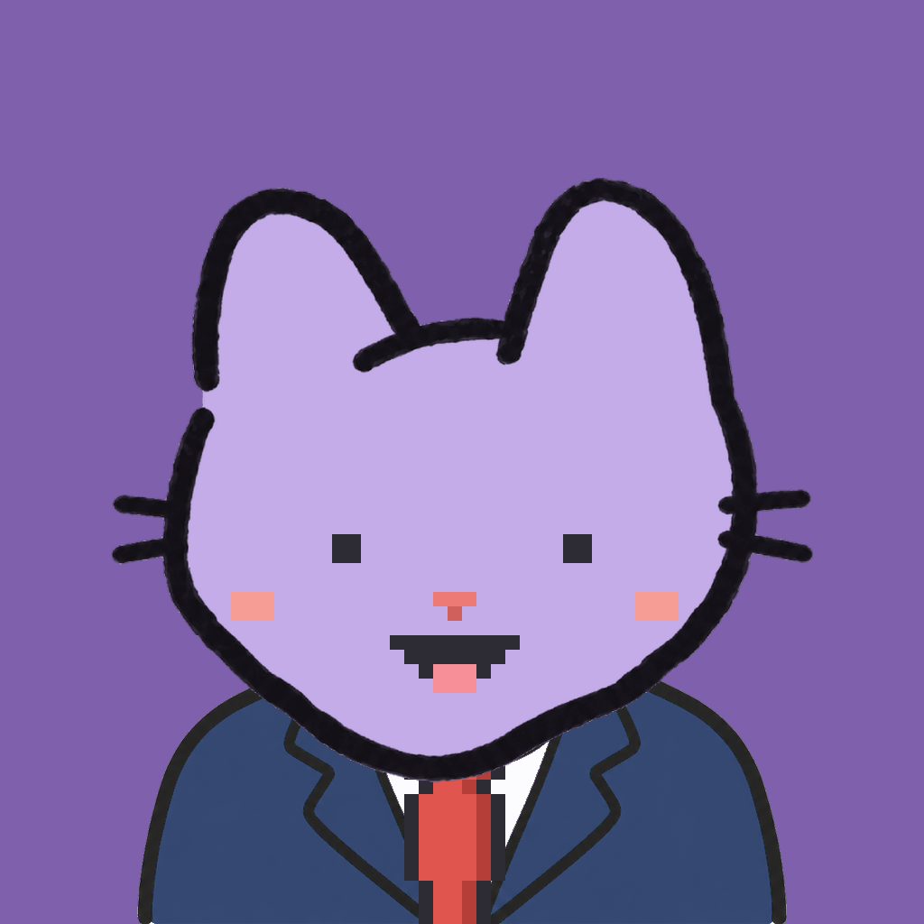 Employee #0677 — a lavender cat, in a navy suit, with a red tie, on plasma violet